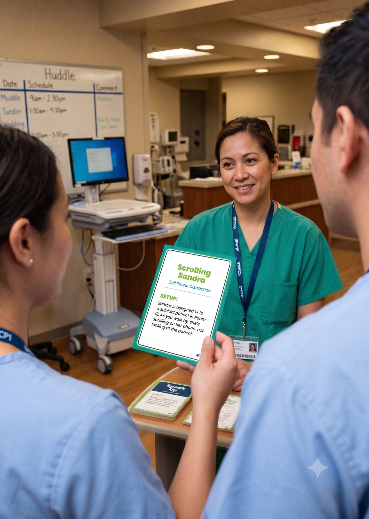 Illustration of healthcare teammates practicing a speaking-up scenario during a huddle
